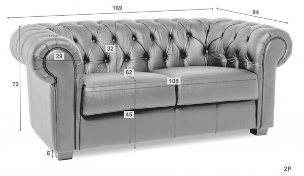 Kožená pohovka CHESTERFIELD - 2P, šedá (Rimini)