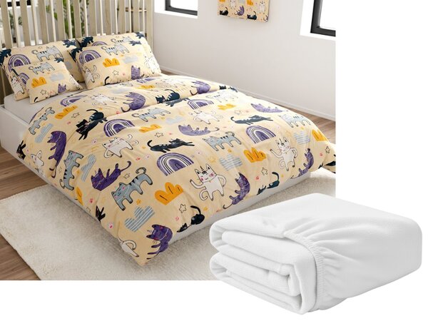 Sada mikroplyšového povlečení PURRSLEEP béžové + prostěradlo mikroplyš SOFT 180x200 cm bílé, dvoulůžko