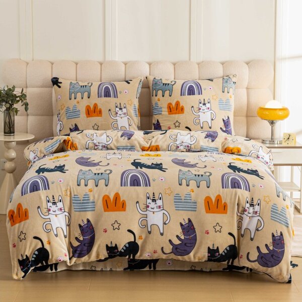 Sada mikroplyšového povlečení PURRSLEEP béžové + prostěradlo mikroplyš SOFT 180x200 cm bílé, dvoulůžko