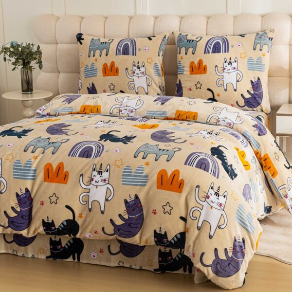 Sada mikroplyšového povlečení PURRSLEEP béžové + prostěradlo mikroplyš SOFT 180x200 cm bílé, dvoulůžko