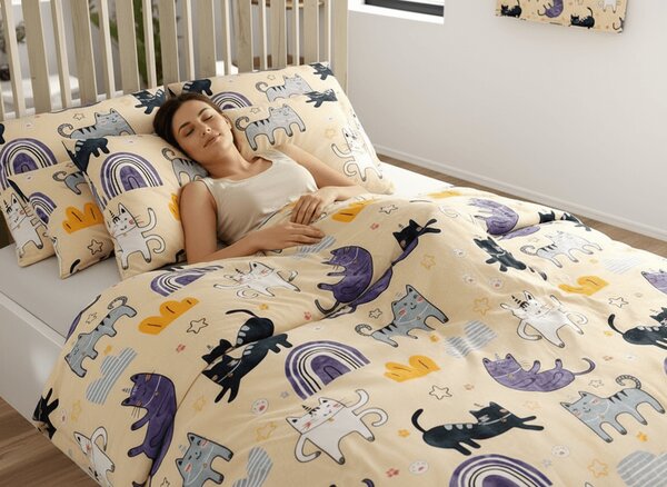 Sada mikroplyšového povlečení PURRSLEEP béžové + prostěradlo mikroplyš SOFT 180x200 cm bílé, dvoulůžko