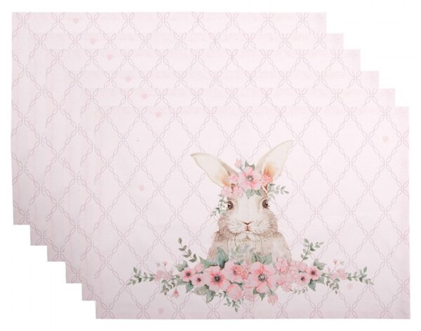 Sada 6 bavlněných prostírání se vzorem velikonočního zajíčka a květinového věnce Floral Easter Bunny – 48x33 cm