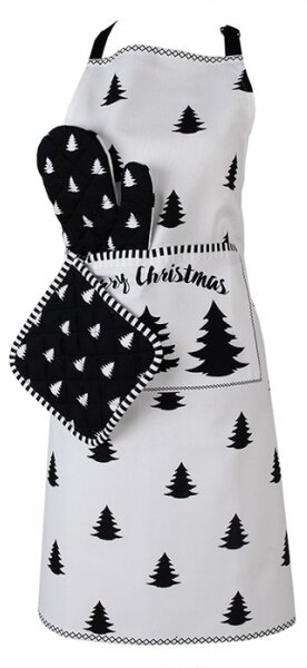 Bílá bavlněná kuchyňská zástěra se stromečky Black & White X-Mas – 70x85 cm