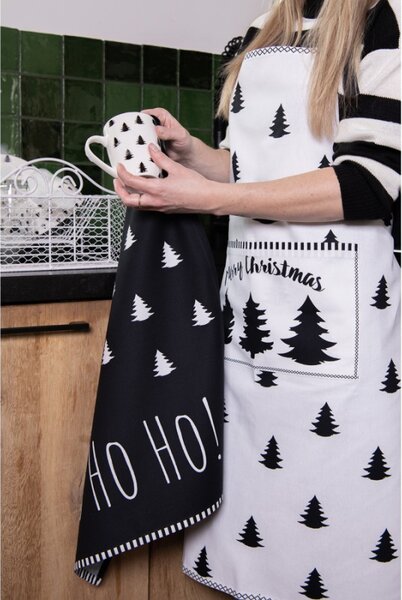 Bílá bavlněná kuchyňská zástěra se stromečky Black & White X-Mas – 70x85 cm