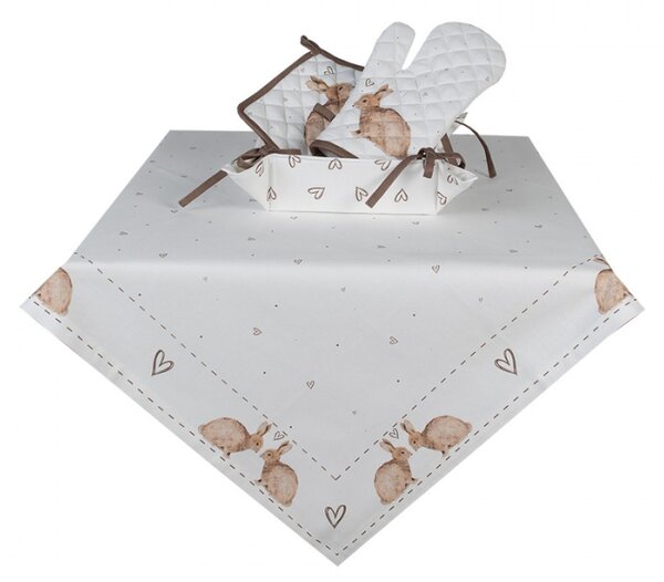 Bílý bavlněný ubrus na stůl se srdíčky a králíčky Bunnies in Love – 100x100 cm