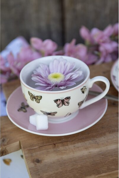 Růžovo-bílý porcelánový šálek s podšálkem s motivem motýlků Butterfly paradise – 200 ml