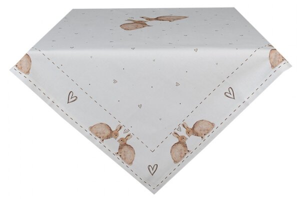 Bílý bavlněný ubrus na stůl se srdíčky a králíčky Bunnies in Love – 100x100 cm