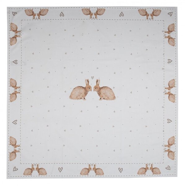 Bílý bavlněný ubrus na stůl se srdíčky a králíčky Bunnies in Love – 100x100 cm