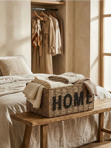 Sinsay - Pletený úložný koš s nápisem Home - béžová