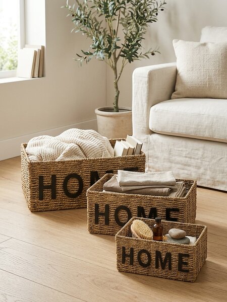 Sinsay - Pletený úložný koš s nápisem Home - béžová