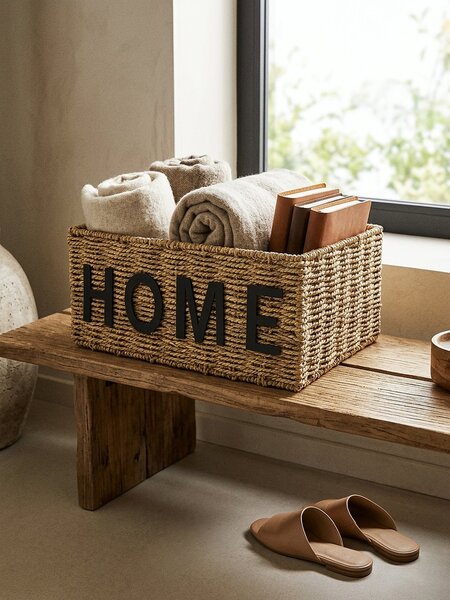 Sinsay - Pletený úložný koš s nápisem Home - béžová