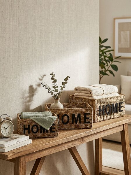 Sinsay - Pletený úložný koš s nápisem Home - béžová