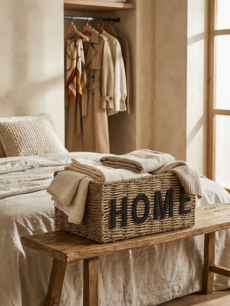 Sinsay - Pletený úložný koš s nápisem Home - béžová