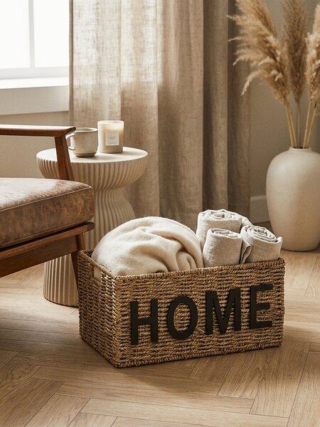 Sinsay - Pletený úložný koš s nápisem Home - béžová