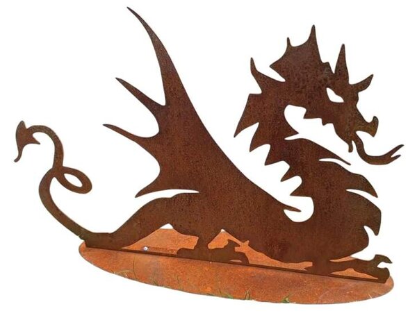 Zahradní kovová dekorace Drak na podstavci corten výška 40 cm