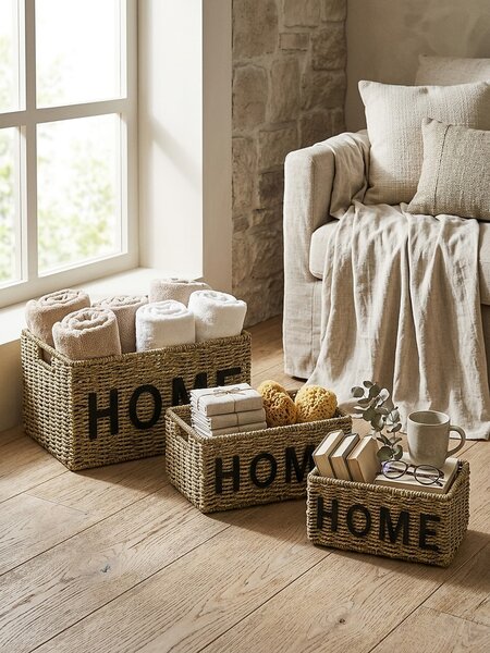 Sinsay - Pletený úložný koš s nápisem Home - béžová