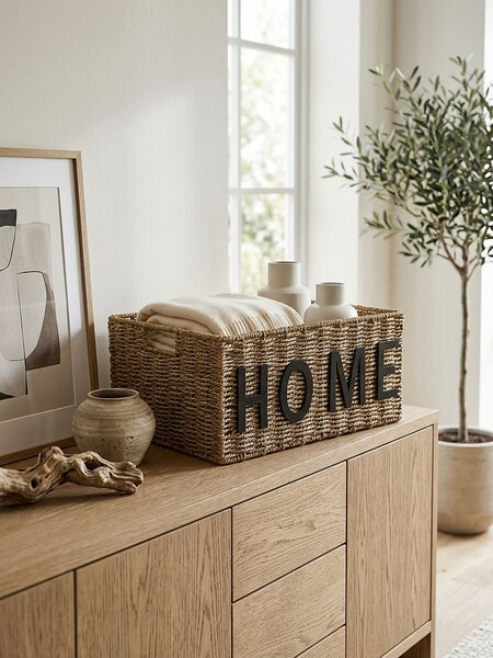 Sinsay - Pletený úložný koš s nápisem Home - béžová