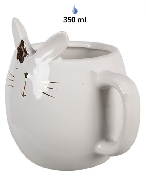 Bílý porcelánový hrnek s králičími oušky a černou kytičkou – 350 m