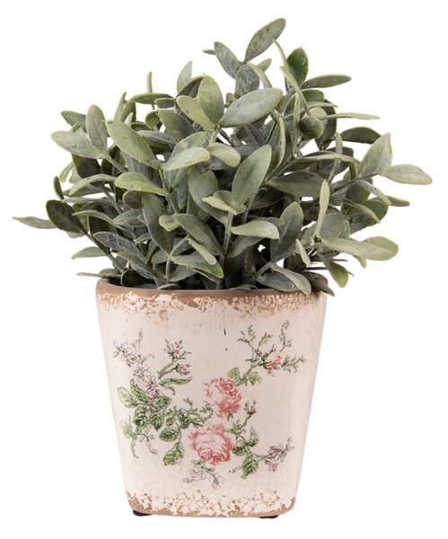 Béžový keramický obal na květináč s odřením a růžovými růžemi Roses V – 13x13x12 cm