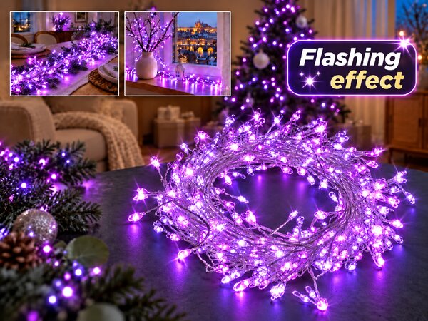 Vánoční LED mikro řetěz 10 m, 300 LED, fialová se záblesky