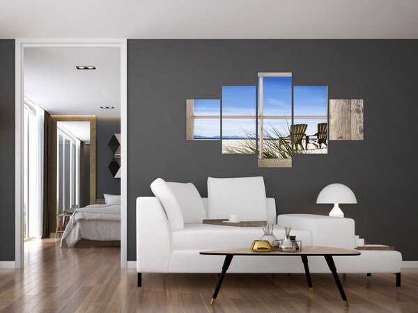 Obraz - Okno v výhledem na pláž (125x70 cm)