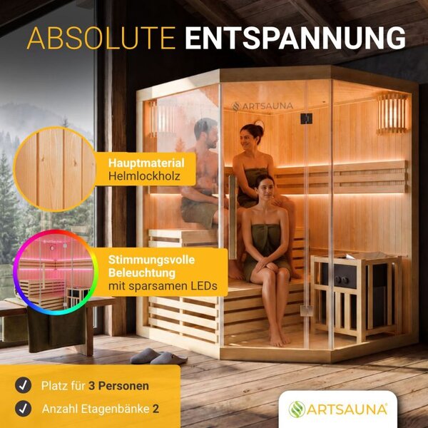 Rohová finská sauna 150x150 cm 6 kW, LED, bezpečnostní sklo