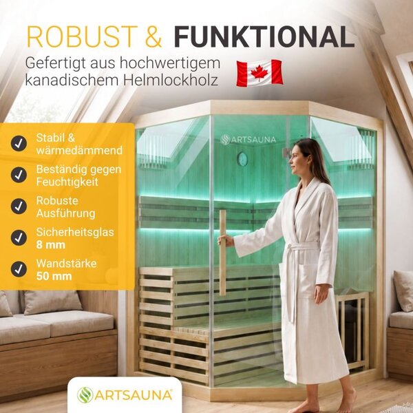 Rohová finská sauna 150x150 cm 6 kW, LED, bezpečnostní sklo