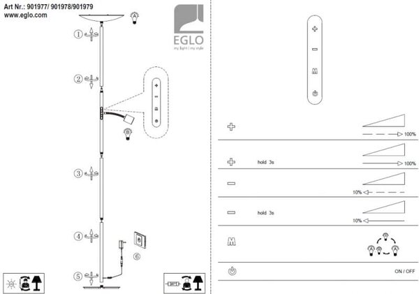 Eglo 901978 CONIVARINO - Čtecí dotykem stmívatelná LED lampa v bílé barvě, LED 26,5W + 4W, 170cm (Stmívatelná LED stojací lampa ovládaná dotykem na panel se čtecím ramenem)