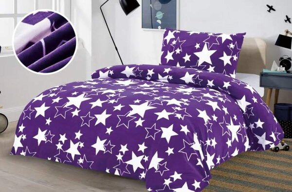 POVLEČENÍ MIKROPLYŠ NA 2 POSTELE 70x90/140x200cm - HVĚZDIČKY FIALOVÉ + PROSTĚRADLO ZDARMA !