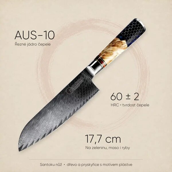 Santoku nůž z damaškové oceli SaKuRo Honey 17,7 cm