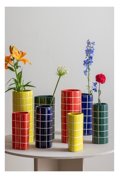 Keramická váza Present Time Retro Tiles trojhranná 26 cm, žlutá