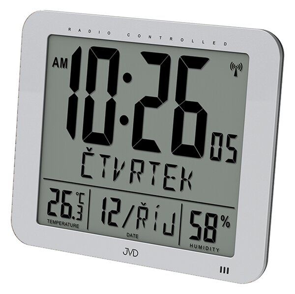 JVD Nástěnné rádiem řízené digitální hodiny s budíkem JVD stříbrné DH9335.1