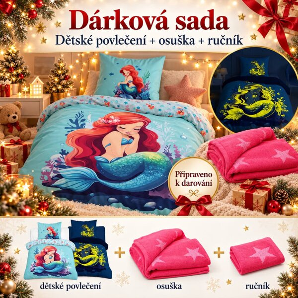 Jahu Dárkový set modro-růžový: povlečení FLUORA Sirena - modré, osuška a ručník Star - růžový