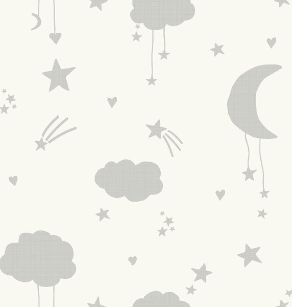 Dětská bílo-šedá vliesová tapeta s mráčky a hvězdičkami, 118332, Next