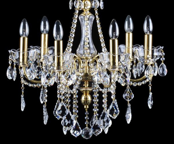 DBK GLASS 6-ti ramenný křišťálový lustr s mosaznými rameny a světelnými pohárky (bobeches) ve tvaru tulipánů 5060-6-S
