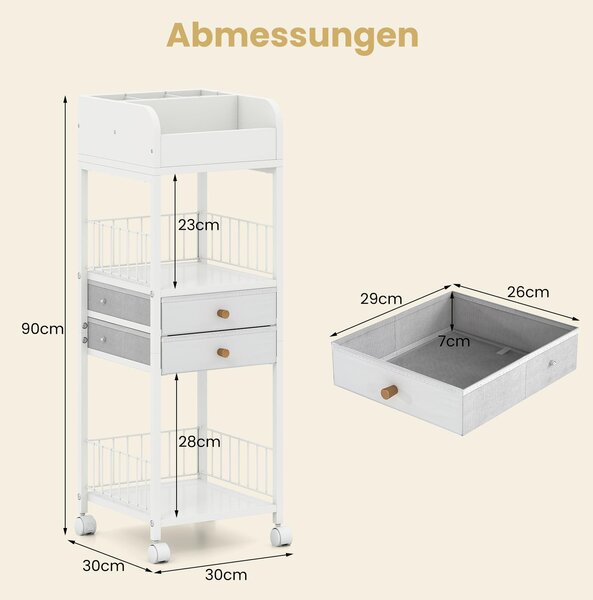 COSTWAY Úložný vozík na kosmetiku, organizér na kosmetiku se zásuvkami, kolečky a policemi, univerzální vozík, bílý 30 x 30 x 90 cm