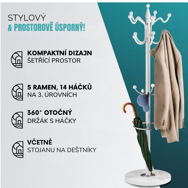 Stojanový věšák TENZY s mramorovým podstavcem, 37x173cm, bílá Casaria