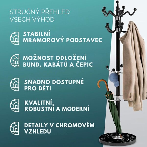 Stojanový věšák TENZY s mramorovým podstavcem, 37x173cm, černá Casaria