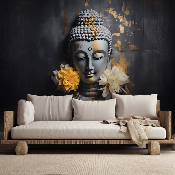 Fototapeta Šedý Budha a květiny Materiál: Vliesová, Rozměry: 200 x 140 cm