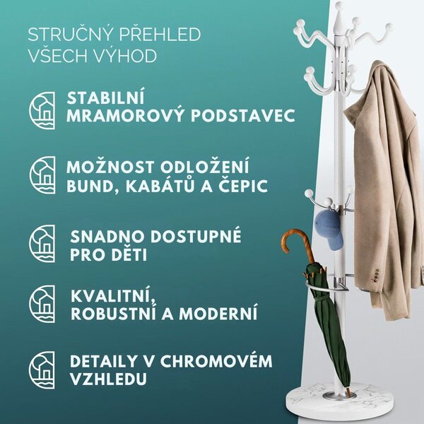 Stojanový věšák TENZY s mramorovým podstavcem, 37x173cm, bílá Casaria