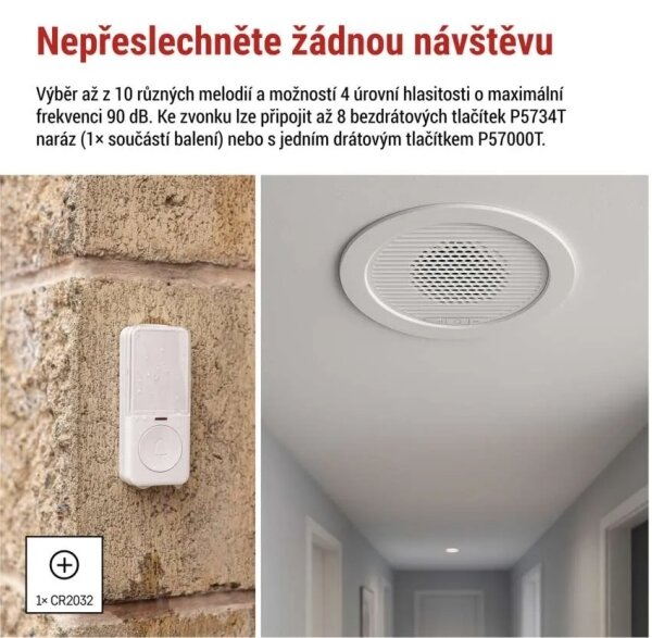 Bezdrátový zvonek vestavný 230V + 1xCR2032 bílá