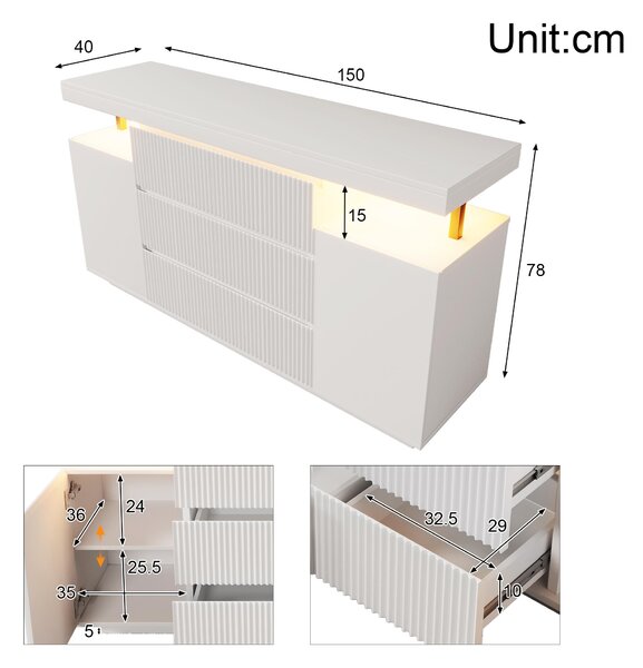 Komoda Flieks s 6 zásuvkami a 2 dvířky, komoda s LED osvětlením, skříň do obývacího pokoje s nastavitelnými policemi, rozměry 150x40x78 cm, bílá barva