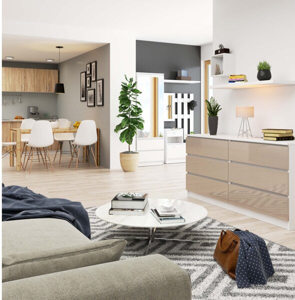 Komoda K160 6SZ cappuccino lesk bílá
