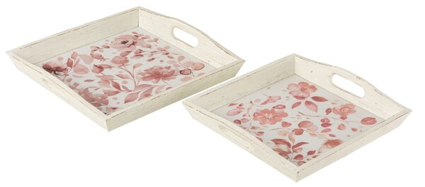 2ks dřevěný podnos s květinovým dekorem Tray Roses - 39*39*5/ 35*35*4 cm - J-Line by Jolipa