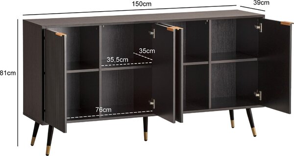FineBuy Příborník 150x81x39 cm Příborník černý s dekorem dubu Komoda s dvířky Komoda do předsíně Moderní podlahová skříň Obývací pokoj