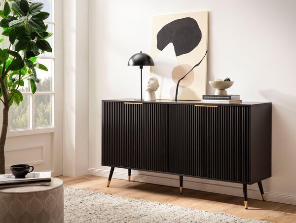 FineBuy Příborník 150x81x39 cm Příborník černý s dekorem dubu Komoda s dvířky Komoda do předsíně Moderní podlahová skříň Obývací pokoj