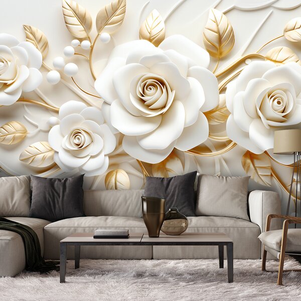 Fototapeta Bílé růže se zlatými listy Materiál: Vliesová, Rozměry: 200 x 140 cm