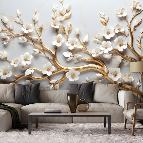 Fototapeta Zlatá větev s bílými květy magnólie Materiál: Vliesová, Rozměry: 200 x 140 cm