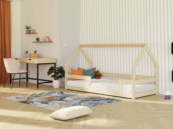Nízká postel domeček SAFE 8v1 ze dřeva se zábranou - Světle modrá, 90x200 cm, Se dvěma zábranami