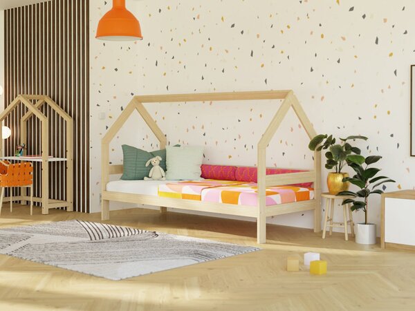 Dětská dřevěná postel domeček SAFE 3v1 se zábranou - Nelakovaná, 90x160 cm, S otevřeným vstupem